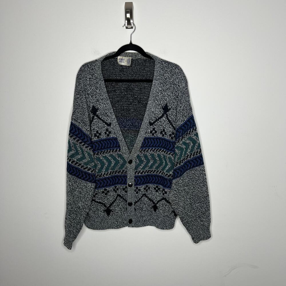 Robert Bruce Geometric Knit Cardigan Sweater Mens Large Gray Grandpa Aztec Vtg